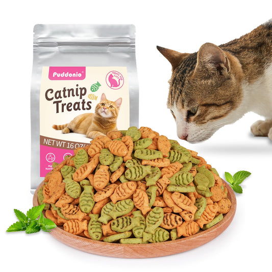 Puddonio Catnip Cat Treats, Chicken & Salmon Flavor Crunchy Cat Biscuits, Fish-Shaped Training Snacks for Adult Cats, 16 oz