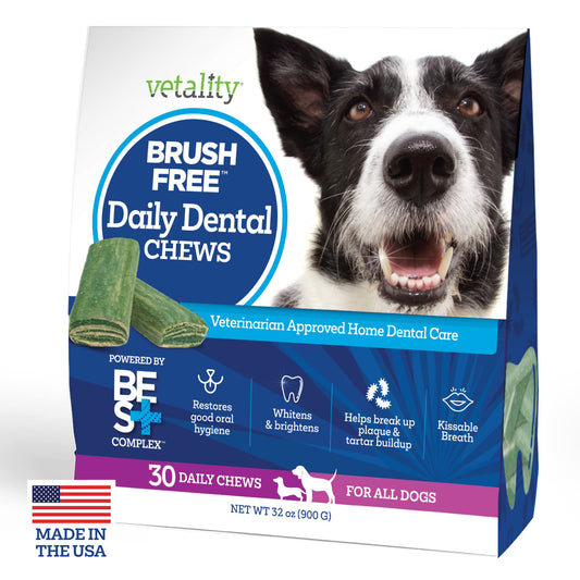 Vetality Brush Free Daily Dental Care Chews for Dogs | Cleans Teeth and Freshens Breath | 30 Count | B.E.S.T. Complex Provides Complete Oral Cleaning and Tartar Control