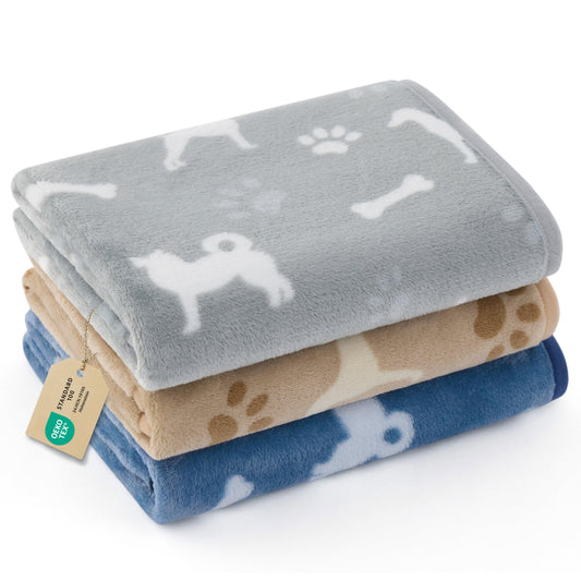 Bedsure 1 Pack 3 Dog Blankets for Small Dogs, Super Soft Puppy Blanket with Fluffy Premium Fleece Flannel, Cat Blanket for Crate & Indoor, Portable Throw Pet Blanket, Grey/Brown/Blue, 23x16 inch