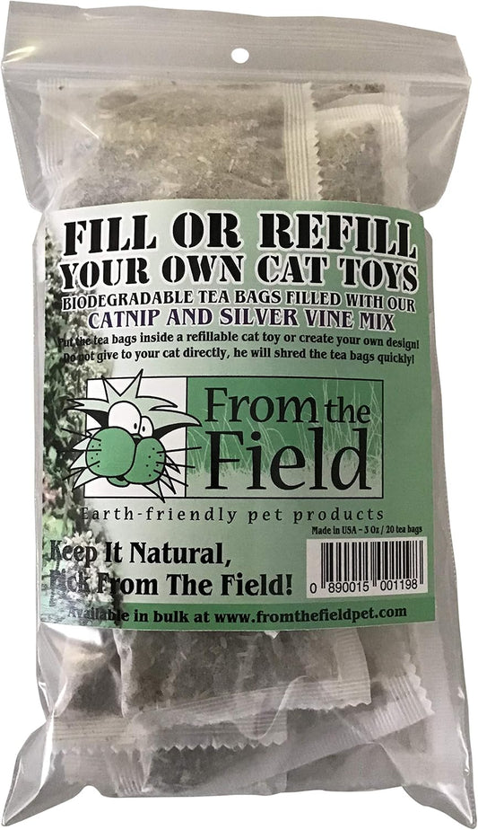 from The Field | Catnip Tea Bags | Ultimate Blend of Catnip & Silver Vine | Biodegradable, Non-GMO, Chemical-Free Refill Packs for Cat Toys | Safe, Potent, Mess-Free | 20 Pack, Made in USA