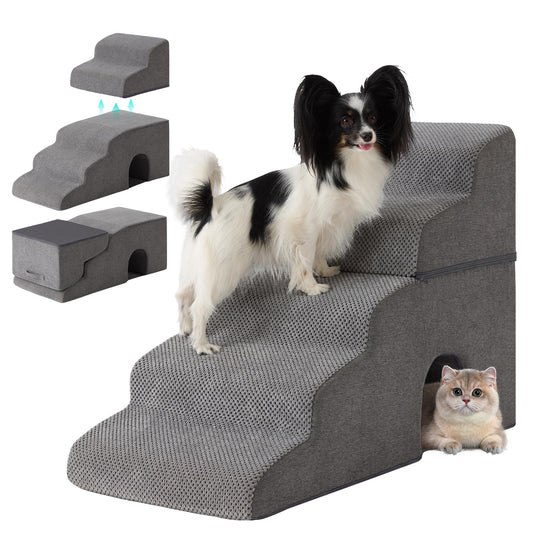 Dog Stairs for Bed 23’’ H, 5-Step Dog Steps for High Bed, Foldable Pet Stairs for Small Dogs and Cats to Get on Beds, Couch, Non-Slip Balanced Pet Steps and Ramp with Waterproof Cover, Grey