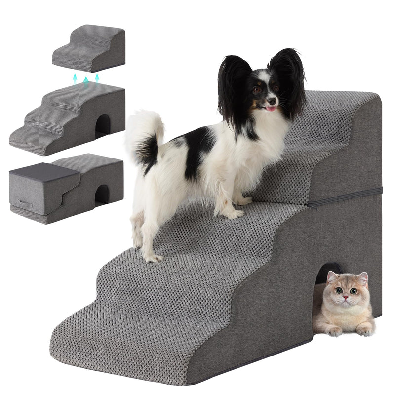 Dog Stairs for Bed 23’’ H, 5-Step Dog Steps for High Bed, Foldable Pet Stairs for Small Dogs and Cats to Get on Beds, Couch, Non-Slip Balanced Pet Steps and Ramp with Waterproof Cover, Grey