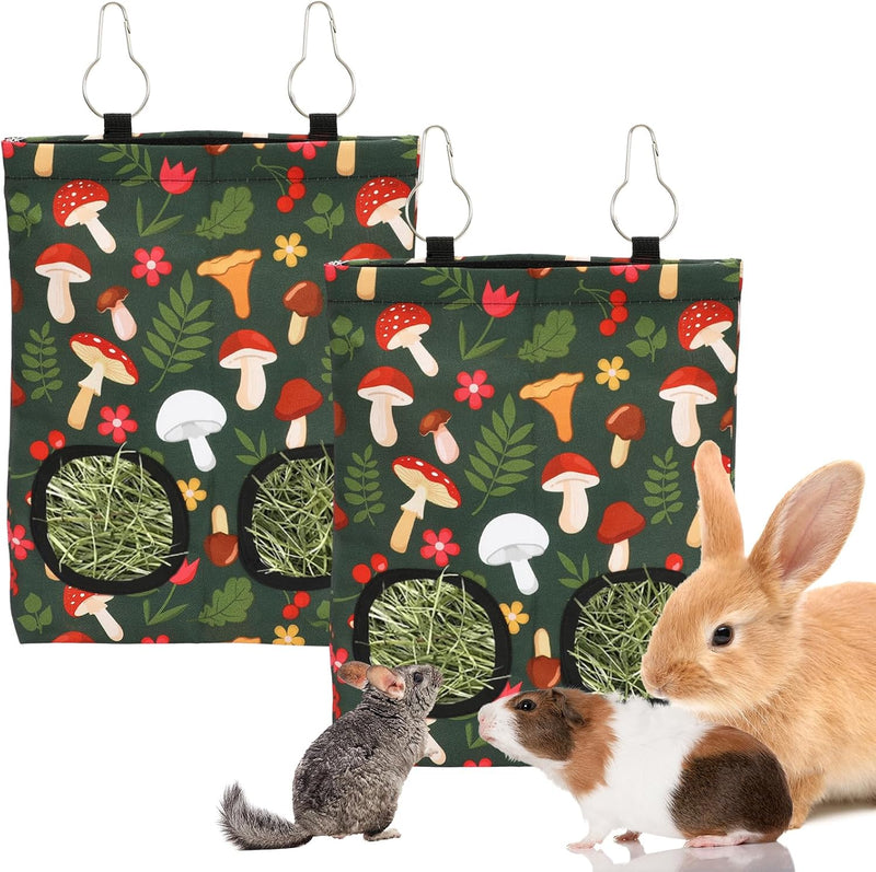 JarThenaAMCS 2Pcs Rabbit Hay Feeder Bag with 2 Holes 11.5 x 9 Inch Mushroom Guinea Pig Hanging Hay Feeding Bag Storage D