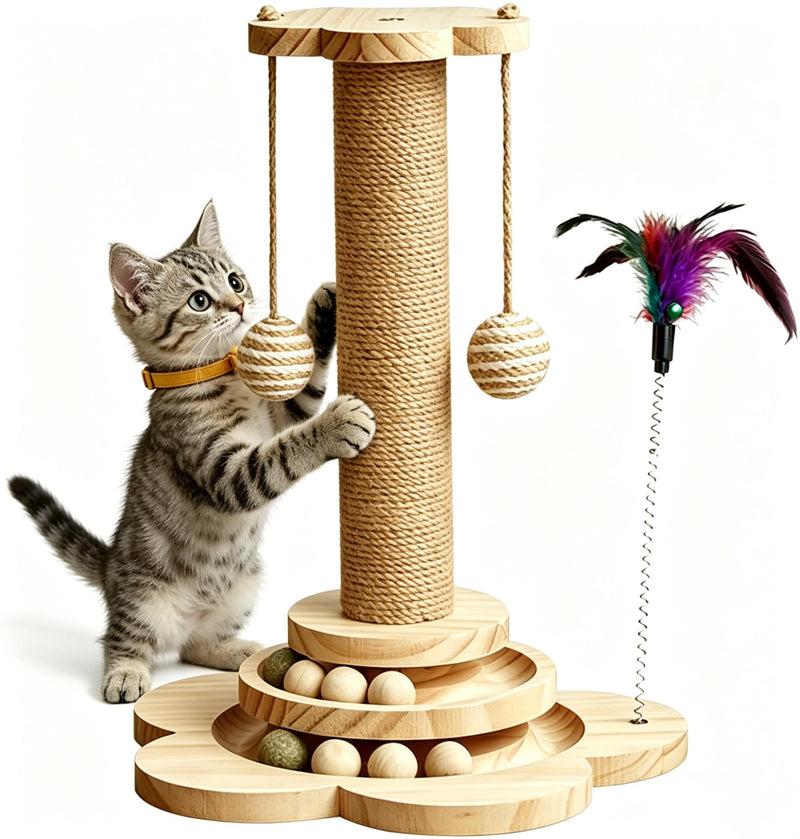 KHALOR Cat Scratching Post for Kittens, 4 in 1 Wooden Cat Scratcher Toy, 17.7