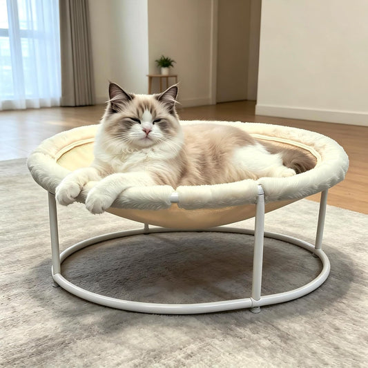 Elevated Cat Bed - 66LBS Weight Capacity Cat Hammock Bed for Large Indoor Cats & Small Dogs, All-Season Plush & Breathable Mesh Mat, Raised Pet Supplies with Sturdy Metal Frame, Cream White