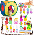 Retro Shaw Cat Toys Pack 33Pcs, Interactive Kitten Toys for Indoor Kittens Cats, Collapsible Kitty Tunnel Tent Feather Wand Springs Balls Bells Mouse Kitty Toys 15.7 Inches for All Breeds