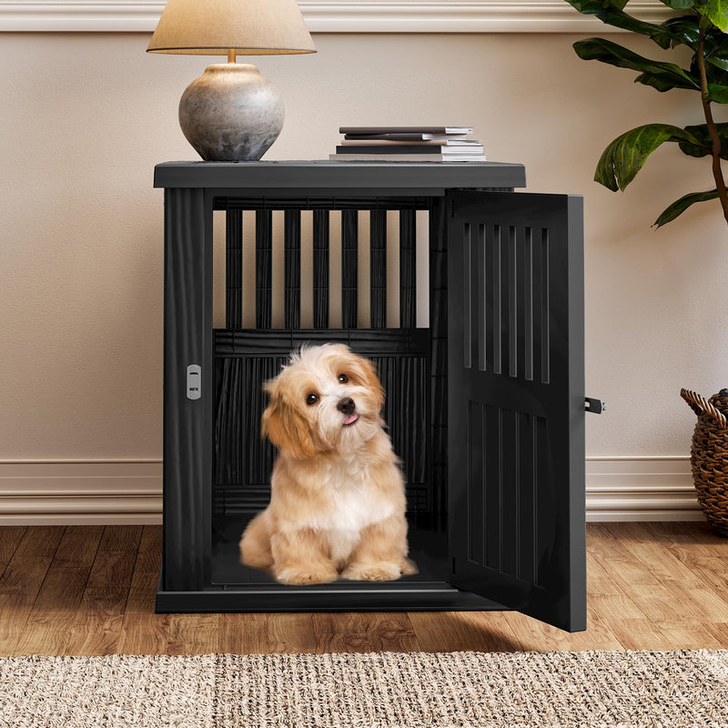 Fancyango Dog Crate Furniture End Table - Decorative Corner Dog House Table for Small to Medium Dogs, Indoor Plastic Dog Crate with Lockable Latch (Black1, 29.5