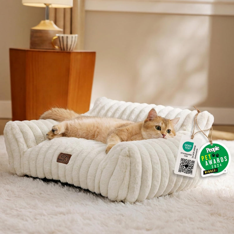 Bedsure ComfyFleece™ Cute Cat Couch for Pets - As Seen on TV on Good Day New York, Fluffy Cats beds for Indoor Cats with Removable Washable Cover, Supportive Pet Sofa, 24inch, Cream
