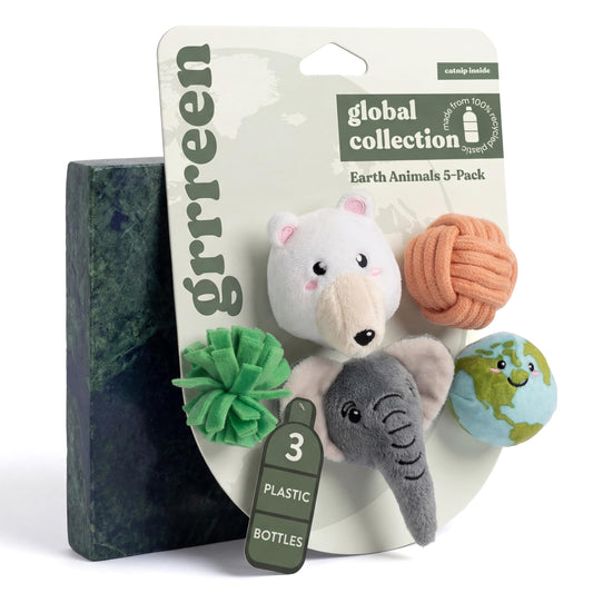 GRRREEN Cat Toys | Plush Earth Animals Stuffed Animal for Cats, Value 5-Pack | Eco Friendly Interactive Cat Toys for Indoor Cats