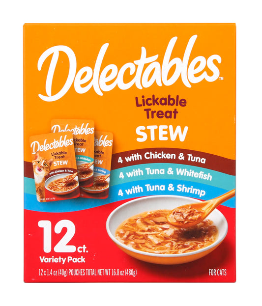 Delectables Lickable Treat Stew Wet Cat Treat Variety Pack, Food Topper, Hydrating, Grain-Free, No Fillers, No By-Products, No Added Preservatives, 1.4oz Pouch, 12ct