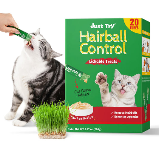 Just Try 20 Tubes Creamy Lickable Cat Treats, Healthy Cat Grass Treats, Hairball Control Relief Functional with Taurine & Vitamin E for Cats