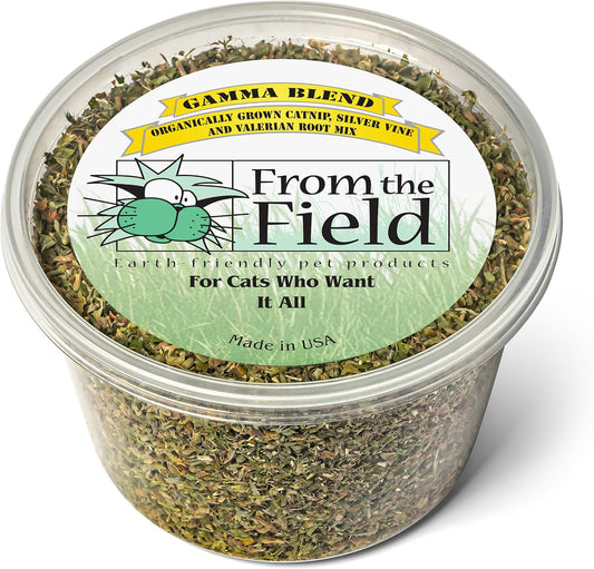 From The Field Gamma Blend – Catnip Leaf and Flower, Silver Vine & Valerian Root Mix | Fresh USA-Grown Organic Catnip for Cats | Potent | Resealable Tub 2 OZ