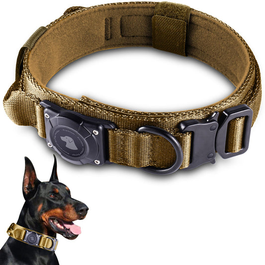 2026 Upgrade Waterproof AirTag Dog Collar, Military Tactical Dog Collar with AirTag Holder, Comfortable Control Handle and Metal Buckle, GPS Dog Collar Holder for Medium to Large Dogs (Khaki,L)