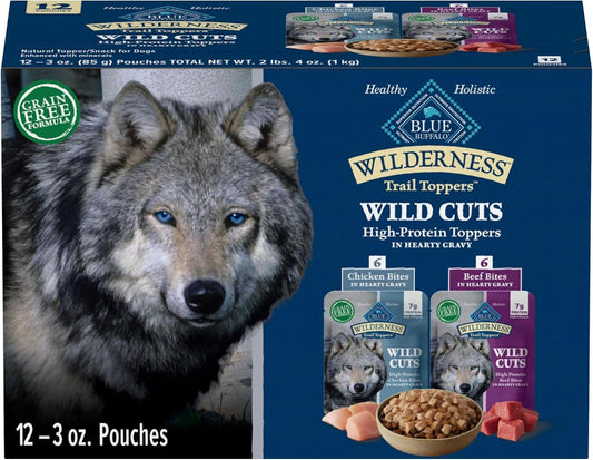 Blue Buffalo Wilderness Trail Toppers Wild Cuts Wet Dog Food Variety Pack, High-Protein & Grain-Free, Made with Natural Ingredients, Chicken and Beef Flavors, 3-oz Pouches, (12 Count, 6 of Each)