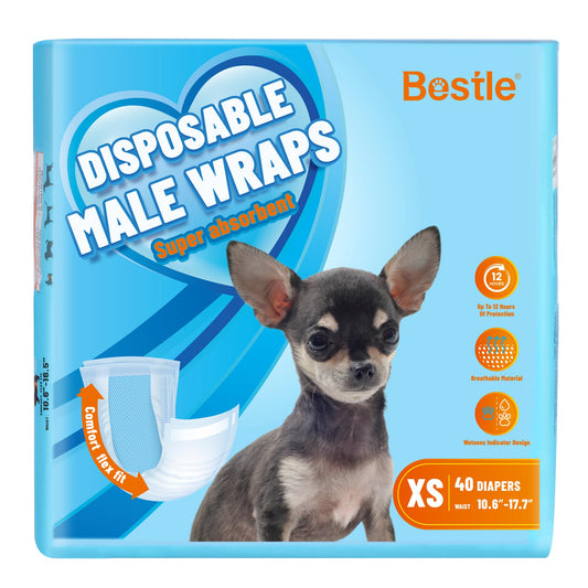 Bestle Male Dog Wrap, Disposable Dog Diapers, 40 Count, XS (Waist 10.6”-16.6”), Wetness Indicator, Ultra Protection, Leak Proof, Super Absorbent, Soft