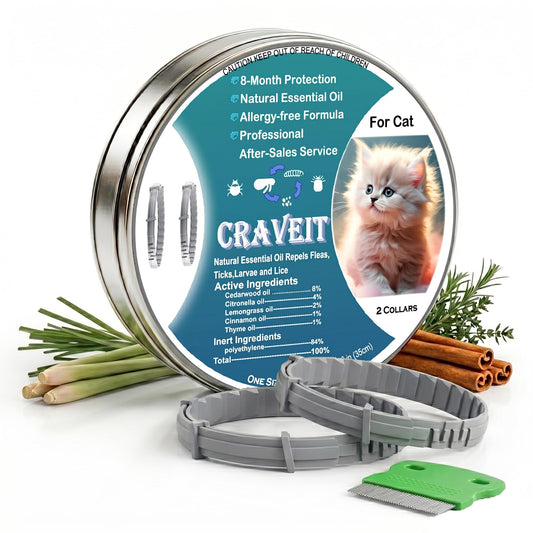 Craveit Cat Flea Collar, 2 Pack Flea Collar for Cats, Gentle Plant-Based Tick Repellent for cat, Waterproof & Adjustable, 8-Month Long-Lasting Defense