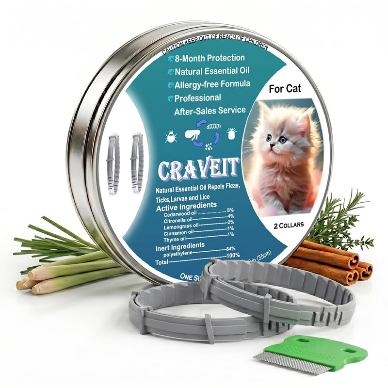 Craveit Cat Flea Collar, 2 Pack Flea Collar for Cats, Gentle Plant-Based Tick Repellent for cat, Waterproof & Adjustable, 8-Month Long-Lasting Defense