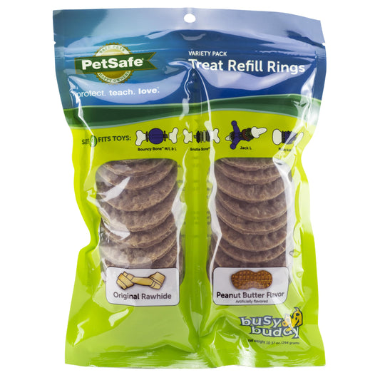 PetSafe Rawhide Treat Ring Refills, Variety Pack, Size C, Original Rawhide and Peanut Butter Flavor, Replacement Treats Busy Buddy Treat Ring Holding Toys