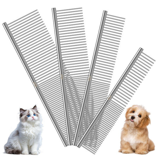 WRW Stainless Steel Dog Combs [4 Pcs], Groom Like a Professional, Coarse Pet Butter Comb for Dog ＆ Cat, Rounded Corners Prevent Friction and Breakage, 4 Sizes of Steel Teeth Fit Most Pet Fur