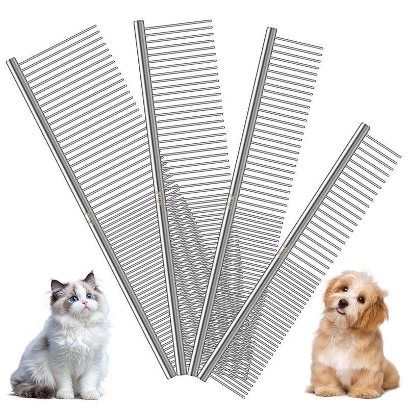 WRW Stainless Steel Dog Combs [4 Pcs], Groom Like a Professional, Coarse Pet Butter Comb for Dog ＆ Cat, Rounded Corners Prevent Friction and Breakage, 4 Sizes of Steel Teeth Fit Most Pet Fur
