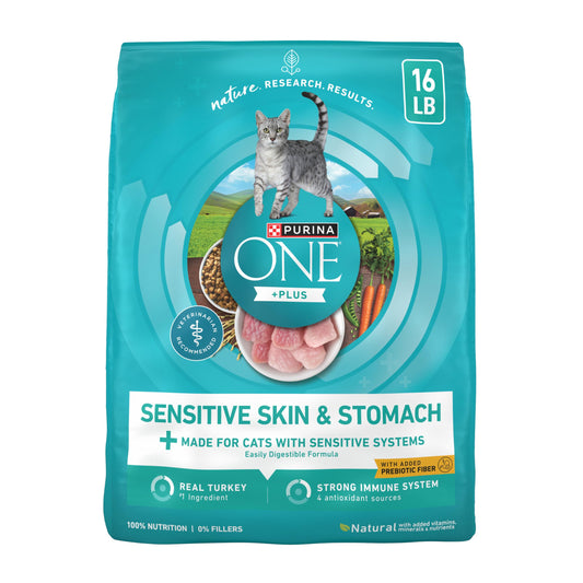 Purina ONE Sensitive Stomach, Sensitive Skin, Natural Dry Cat Food, +Plus Sensitive Skin and Stomach Formula - 16 lb. Bag