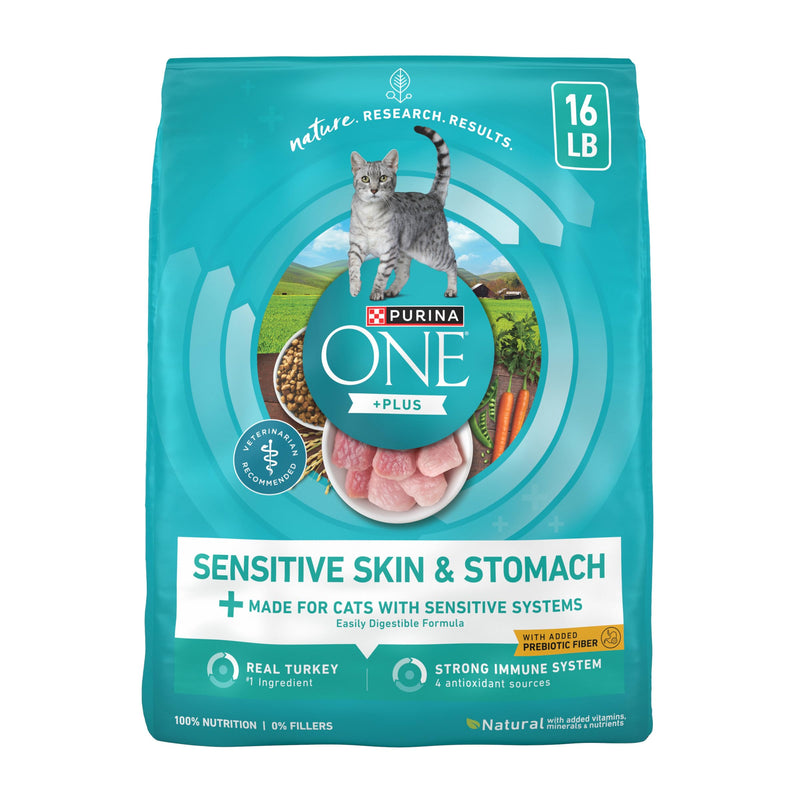 Purina ONE Sensitive Stomach, Sensitive Skin, Natural Dry Cat Food, +Plus Sensitive Skin and Stomach Formula - 16 lb. Bag