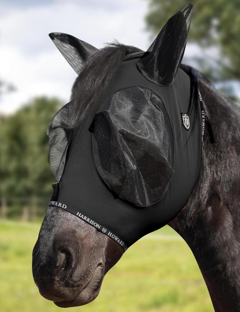Harrison Howard Horse Fly Mask with Forelock Opening Stretch Breathable and Comfortable for Horses UV -Protection Black 