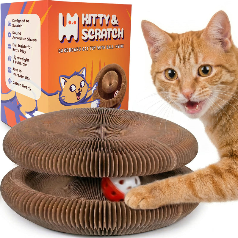 Kitty&Scratch Cat Scratcher Toy | Cardboard Cat Toy with Ball Track with Bell | Kitty Kurlz | Kitty Curls Style Accordion Toy | Expandable Reversible Cardboard Scratcher for Cats & Kittens