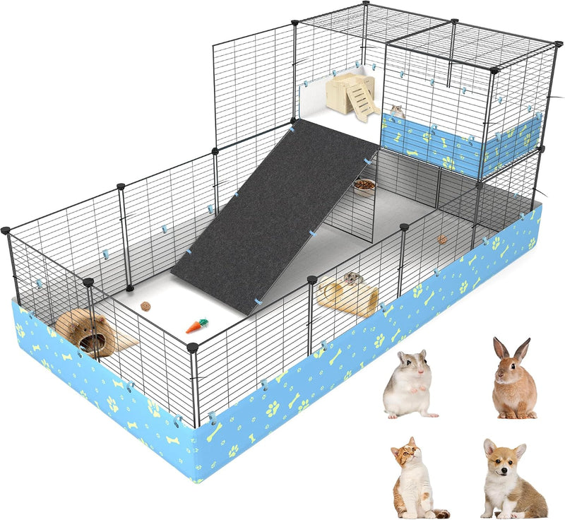 2-Story Guinea Pig Cages with Tarp, Large C&C Loft Cage for Rabbit Bunny Puppy Small Animal Indoor Dog Playpen Pet Exerc