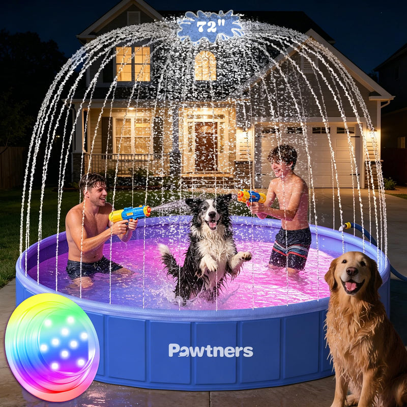 Pawtners Foldable Dog Pool with Sprinkler & RGB LED Light, 72