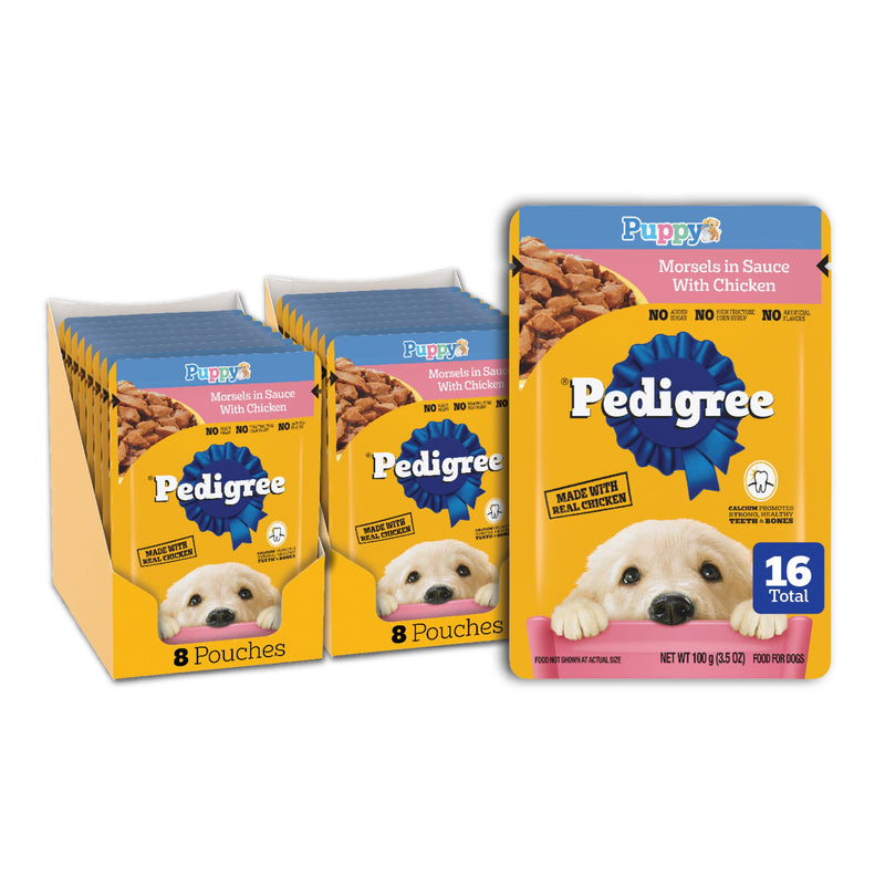Pedigree Puppy Food Morsels in Sauce, Wet Dog Food Pouches, Chicken Flavor, 3.5 oz. Pouches, 16 Count