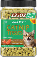 Just Try 13.4 OZ Crunchy Cat Treats Catnip Treats for Cats with Digestive Support, Natural Ingredients Kitten Treats with Real Salmon, Healthy Feline Snacks Training Biscuits Dental Care
