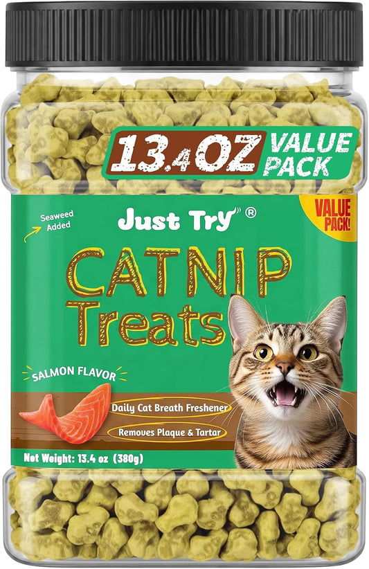 Just Try 13.4 OZ Crunchy Cat Treats Catnip Treats for Cats with Digestive Support, Natural Ingredients Kitten Treats with Real Salmon, Healthy Feline Snacks Training Biscuits Dental Care