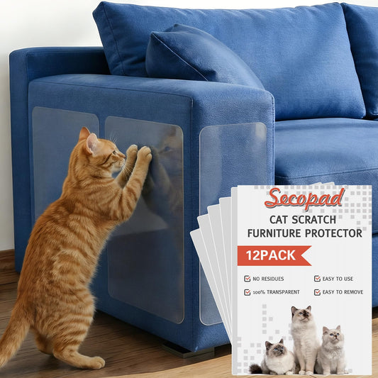 Secopad 12 PCS Large Cat Scratch Furniture Protector, Transparent Couch Protector from Cat Claws, Single-Sided Self Adhesive Anti Pet Deterrent Sofa Cover, 17IN