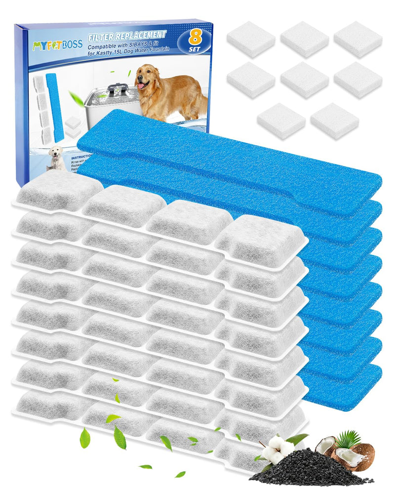 MyfatBOSS 8 Set Dog Water Filter Replacement Compatible with SIBAYS & Compatible with Kastty 15L/4Gal, Dog Water Fountain Filter, Multilayer Filtration System 8Pre-Filter+8 Filters+8 Sponges