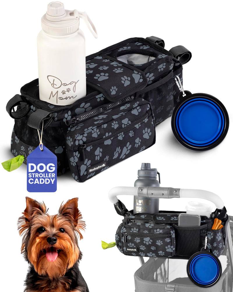 Dog Stroller Caddy Organizer with Poop Bag Dispenser, Treat Pocket, Water Bowl – Dog Stroller Accessories with Insulated Cup Holders, Pet Storage & Non-Slip Fit for 14