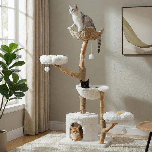 MUTTROS 59" Modern Cat Tree Tower for Large Cats w/2 Flower Perches-Natural Solid Wood Scratching Post with Real Branch-Luxury Boho Cat Furniture w/Condo & Wicker Basket Bed, Cloud White