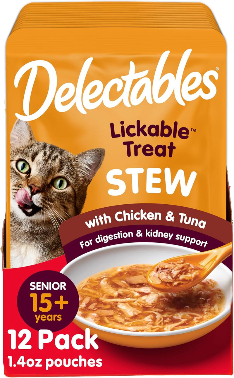 Delectables Lickable Treat Stew Senior 15+ Wet Cat Treat with Real Chicken & Tuna, Food Topper, Hydrating, Grain-Free, N