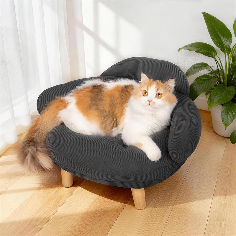 Famifit Cat Sofa Furniture-Style Pet Bed with Removable Cotton Velvet Cover, Solid Pine Wood Legs, for Cats and Small Dogs, Gray