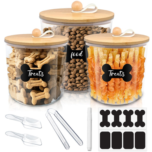 HOYTAMDAR 3 Pack Airtight Dog Food Storage Container, Dog Treat Container Dog Food Containers with Bamboo Lids 8x7''&6x5'',Pet Food Storage Container,Cat Food Container with Scoops,Clamp,Labels,Pen