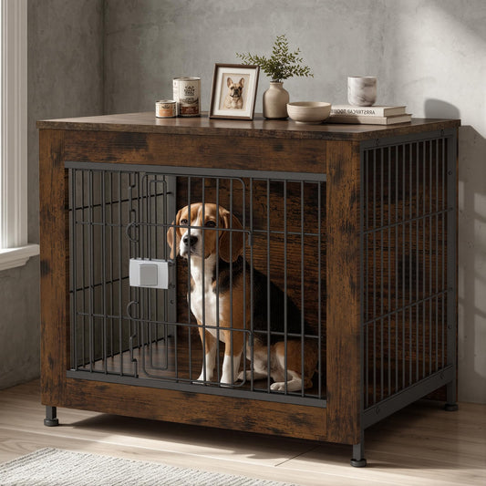 Wooden Dog Crate Furniture, 27in Dog Cage Furniture with Slide Safety Latch, Indoor Decorative End Table for High Anxiety Dogs, Furniture Style Dog Crate for Small to Medium Dogs, Aged Black