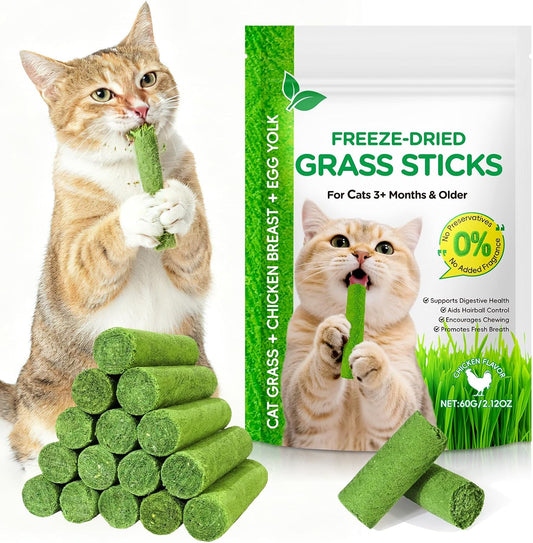 ISUNRISE 60g/2.12oz Cat Grass Sticks, Delicious Freeze-Dried Cat Grass Treats Edible Cats Chew Toy Kitten Snacks for Hai