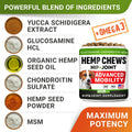 Hemp Chews for Dogs - Hip & Joint Supplement with Glucosamine - Joint Pain Relief Treats - Omega 3, Chondroitin, MSM - Advanced Mobility Support - Chicken Flavor - 120 Ct - Made in USA