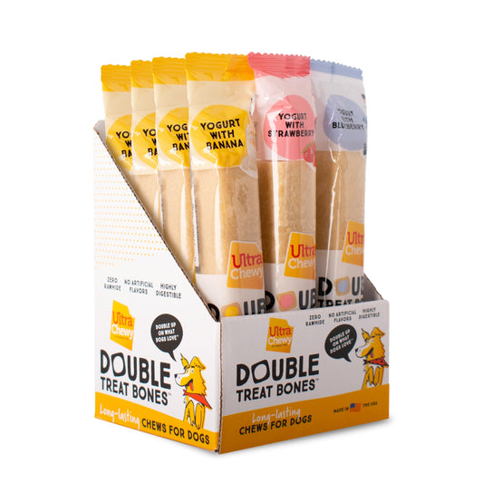 Ultra Chewy 3 Flavor Yogurt Double Treat Bones: Strawberry, Blueberry and Banana, Long-Lasting Dog Treats Made in USA for Large and Small Breeds, Highly Digestible (12 Count)