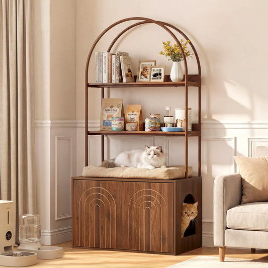 Arched Cat Litter Box Enclosure with 2-Tier Shelves, 63" Tall Hidden Litter Box Furniture with Reversible Entry, Wood Grain Metal Frame Large Cabinet Cat House Washroom with Hooks & Anti-Tipping Kit