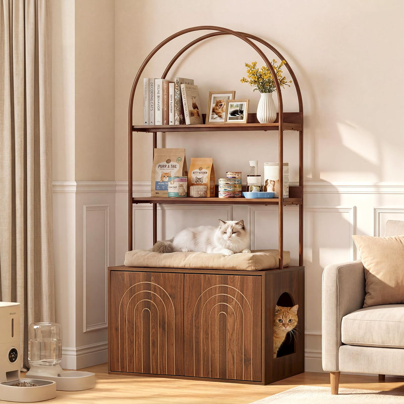 Arched Cat Litter Box Enclosure with 2-Tier Shelves, 63