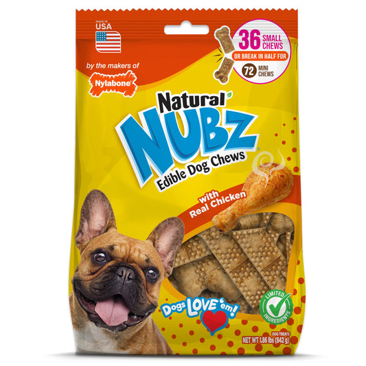 Nylabone Nubz Natural Dog Chew Treats for Small Dogs, Long Lasting Dog Chew Bones Made in USA, Chicken Flavor Breath Freshener Dental Chews, Small Dog Bones for Dogs Up to 25 lbs. (36 Count)