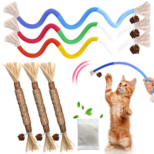 GBSYU Cat Toys Chew Rope & Silvervine Sticks for Bored Indoor Adult Cats, 6Pcs Interactive Catnip Toys for Cats with Refillable Natural Catnip Bag for Teeth Cleaning
