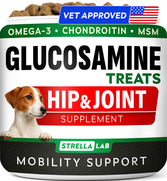Glucosamine Treats for Dogs - Joint Supplement w/Omega-3 Fish Oil - Chondroitin, MSM - Advanced Mobility Chews - Joint Pain Relief - Hip & Joint Care - Chicken Flavor - 120 Ct - Made in USA