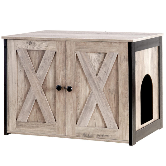 Dwanton Litter Box Enclosure, Cat Litter Box Furniture Hidden, Reversible Entrance Can Be on Left or Right Side, Wooden Cat Washroom Indoor, Greige, 27.6 Inches